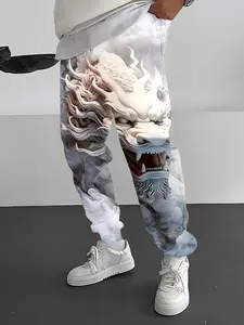 Men's Fall Casual Pants, 3D Digital Print Lion Elastic Waist Drawstring Pockets Sports Pants, Slim-Fitting All Seasons Casual Street Pants, Casual Fitted Trousers, Bottoms With Pockets