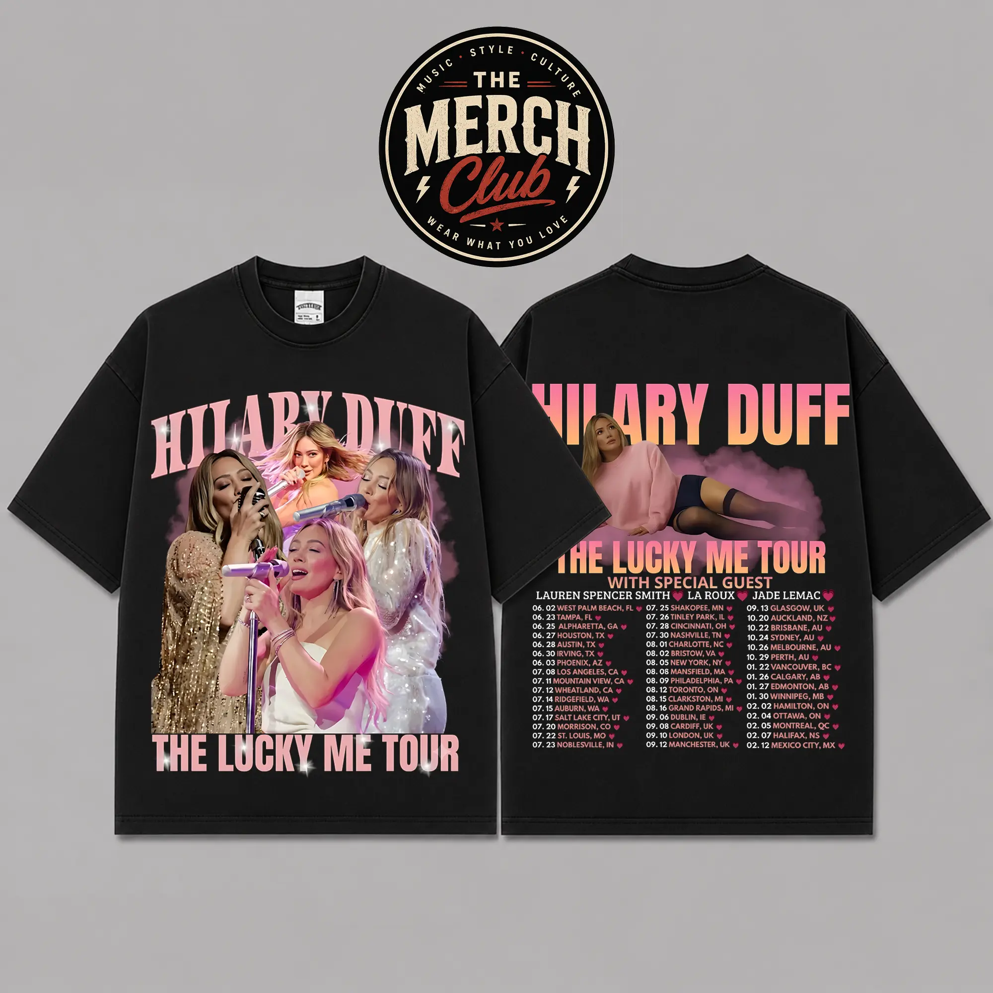 Hilary Duff The Lucky Me Tour Graphic Premium Cotton T-Shirt, Pink Pop Concert Fan Tee, Y2K Female Singer Music Shirt, Tour Dates Graphic Merch, Oversized Black Streetwear Outfit, Gift for Hilary Duff Fans