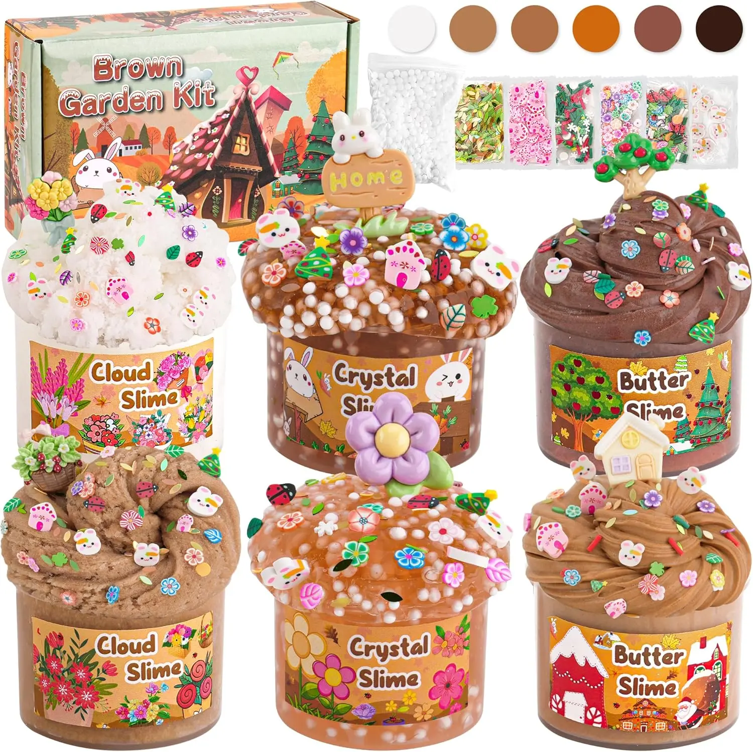 6 Packs Brown Slime Kit - Cloud, Butter & Clear Slimes with Garden Add-ins, Crunchy Slime for Kids Party Favors for Girls and Boys, 360ml Slime Kits Birthday Halloween Christmas Easter Gifts