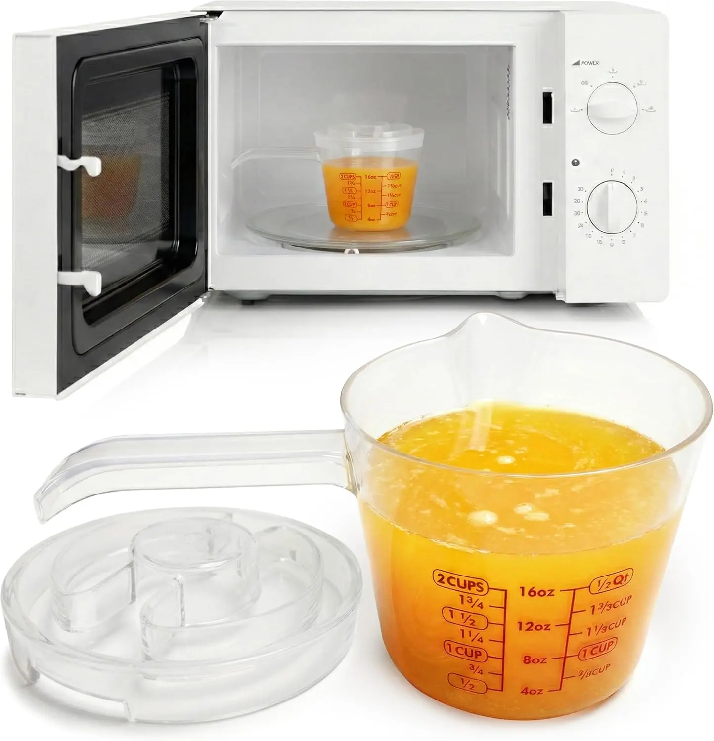 Kitchen Discovery Microwavable Measuring Cup – 2 Cup Plastic with Spout, Lid & Extended Handle for Safe Boiling & Pouring, Microwave Safe