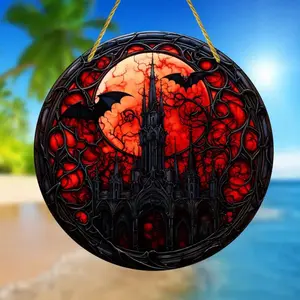 Stained glass acrylic suncatcher, Halloween castle with moon and bats, spooky Decor