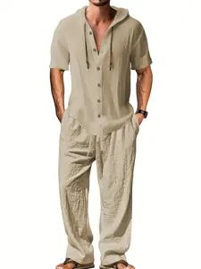 Single set: men’s two-piece linen outfit with hood—short-sleeve button-up top and drawstring wide-leg pants; summer casual beach vacation sportswear set.