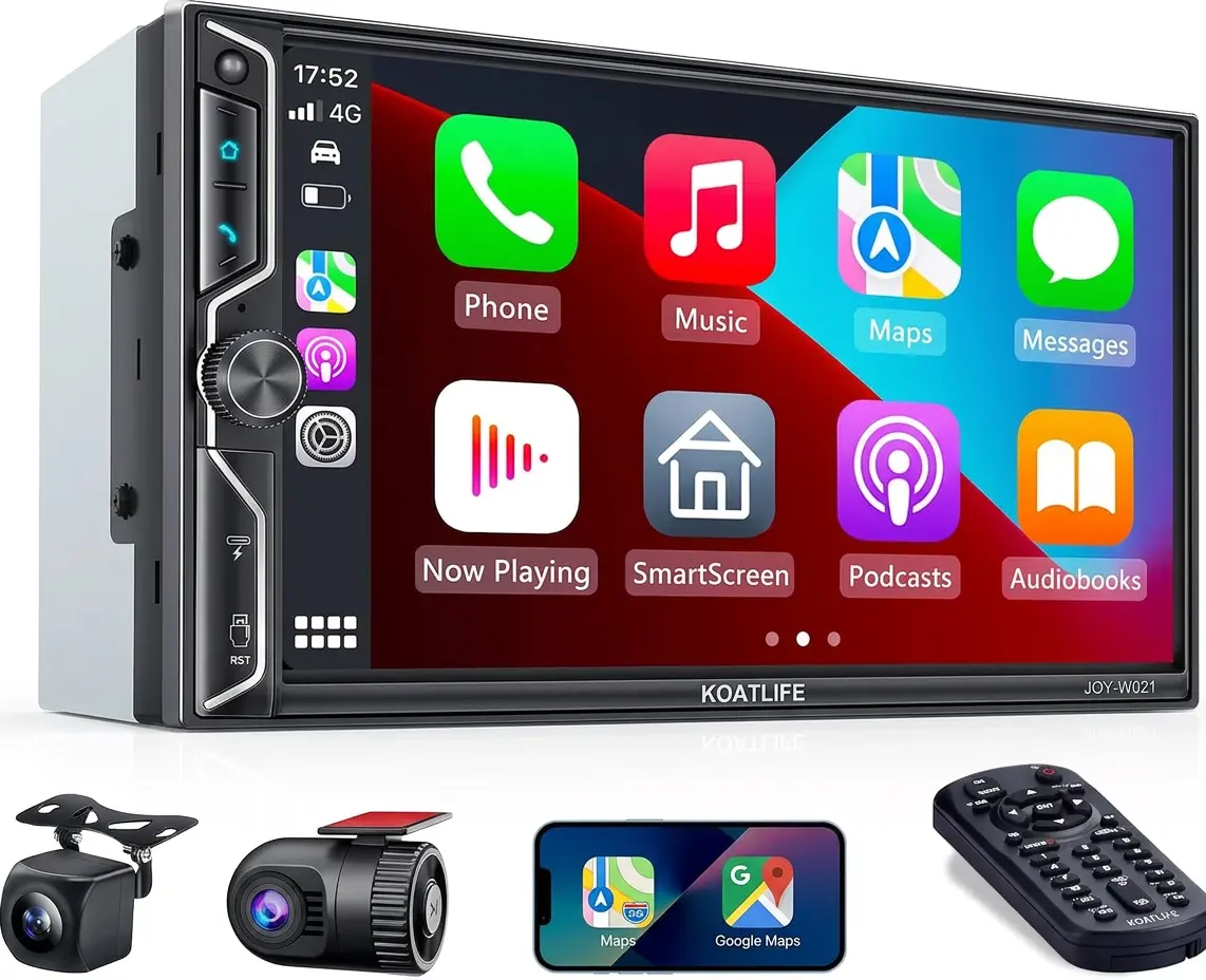 7" QLED Double Din Car Stereo Compatible with Wireless Apple CarPlay & Android Auto, 240W 4.2CH Dual Subwoofer Out, Dash Cam & Backup Camera Included, Bluetooth, Mirrorlink, FM/AM Car Radio