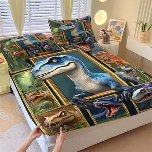 3pc Cute Dino Fitted Sheet Set, Non-slip, for Kids & Adults, Great Gift