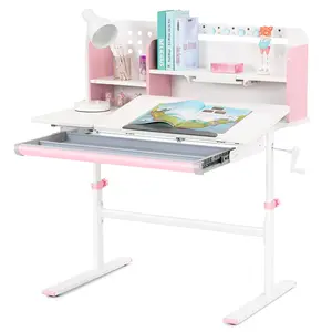 39in Wide Adjustable Height Kids Desk with Tilting Desktop Steel Frame Drawer & Bookshelf Hutch Study Table for Ages 3-12