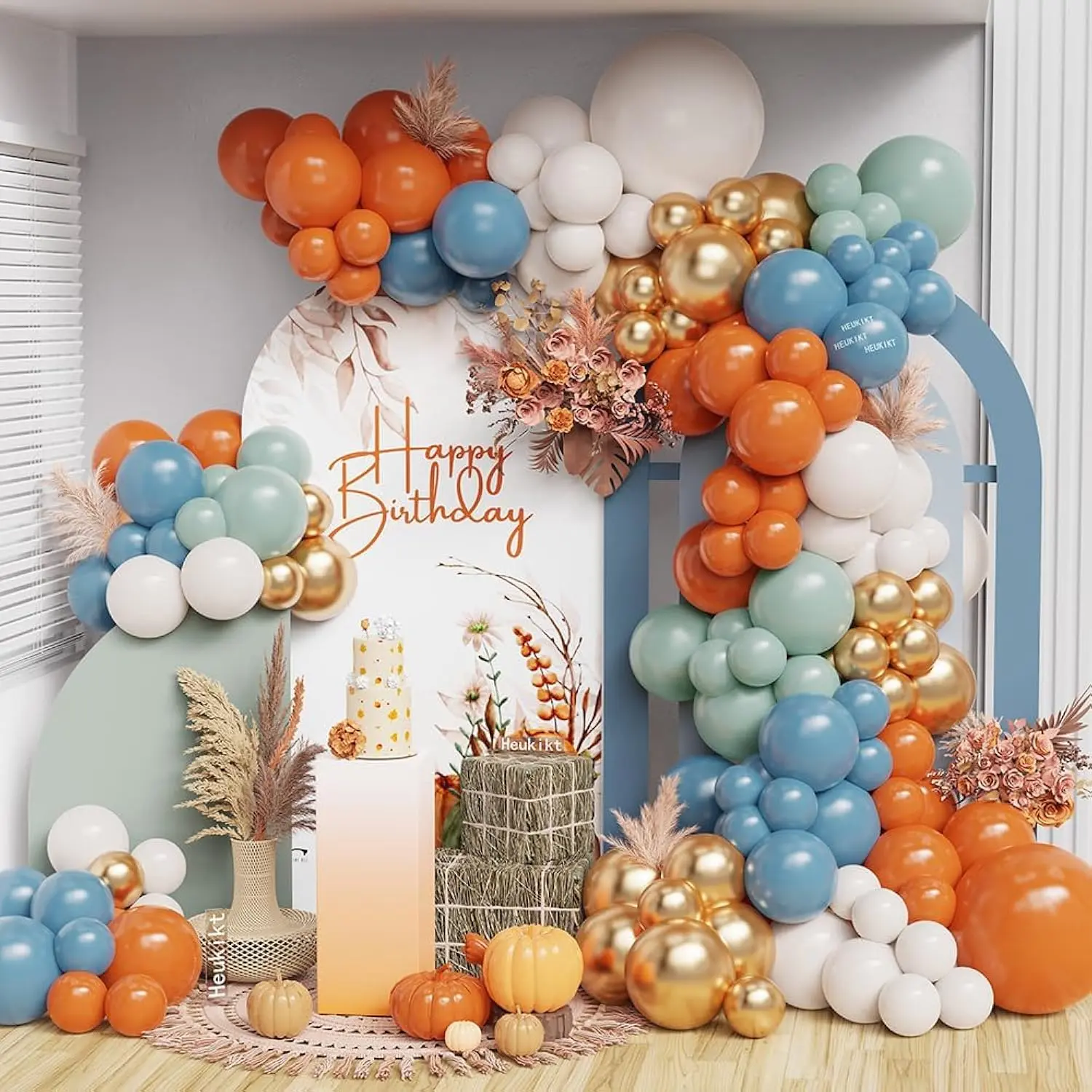 Autumn Pumpkin Balloon Garland Kit, Dusty Blue Orange Green Gold Party Arch Decor