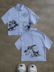 Men's Casual Letter Angel Print Graphic Checkerboard Plaid Short Sleeve Shirt, Loose Fit, High Street Vintage Style, Perfect for Summer Vacation