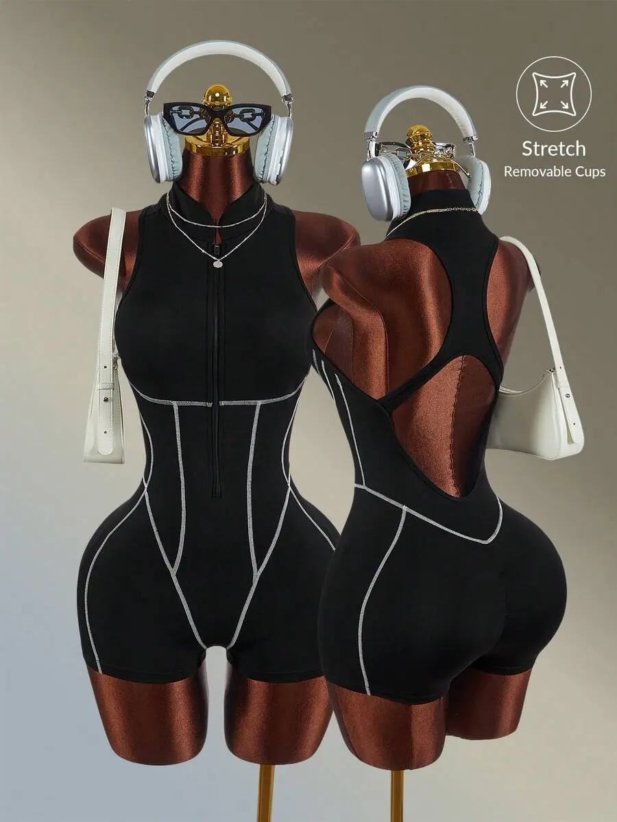 SlaySleep x Amplova Contrast Color Collar Sleeveless Fitted Zipper Jumpsuit For Summer Fitness & Sports Sexy Going Out Workout Exercise, Fitness, Running Backless Summer Autumn  Gym Daily Wear
