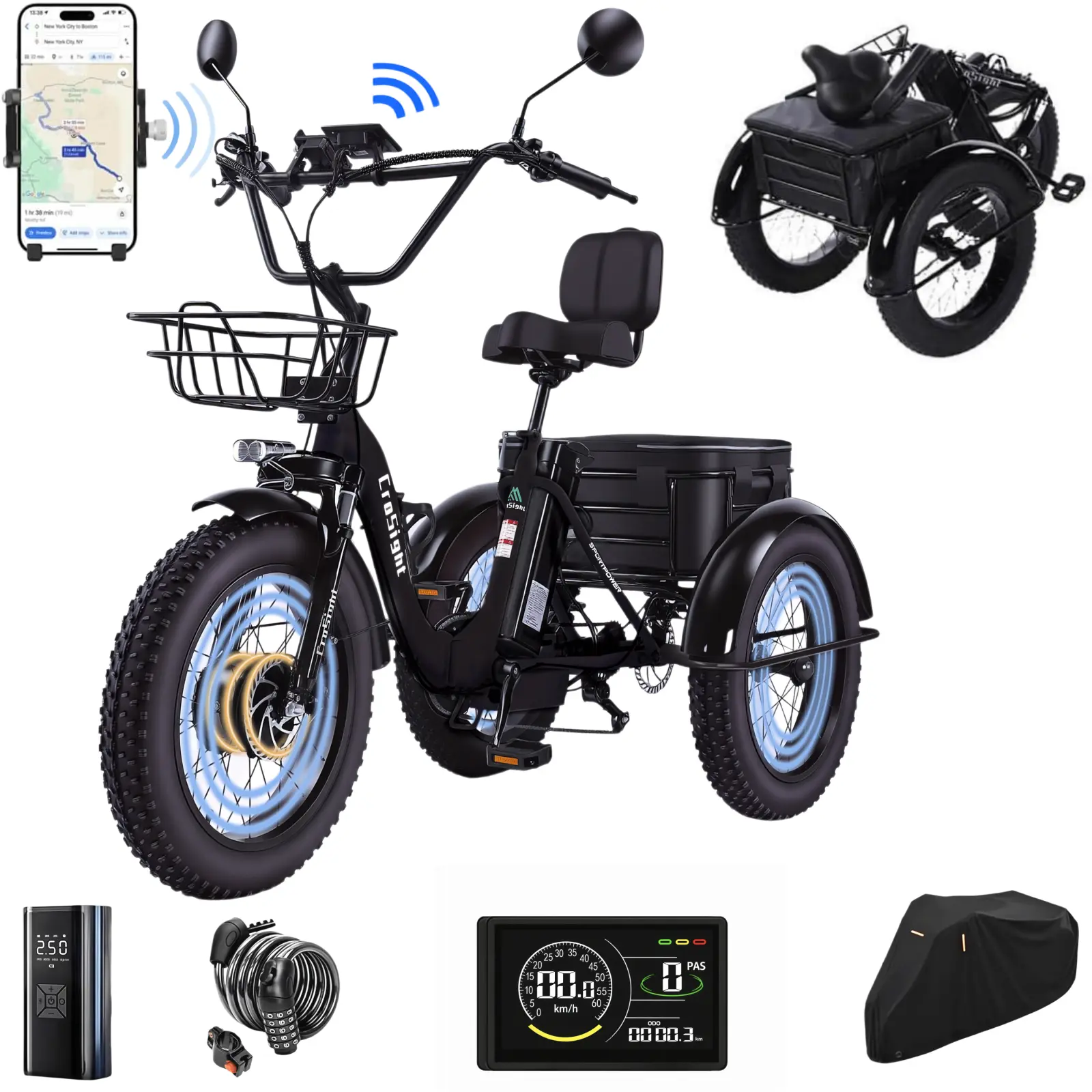 CroSight T3 Folding Electric Tricycle for Adults, 48V Motor, Peak 1700W, 48V 20Ah Removable Battery, 20x4 Mixed-Surface Fat Tires, Step-Through, 7-Speed, UL 2849 Certified Commute E-Bike