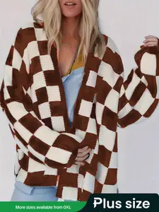 Plaid Round Neck Casual Long Sleeve Plus Size Sweater Knit Cardigan, Women's Fall & Winter Fashion, Comfortable and Stylish Pullover