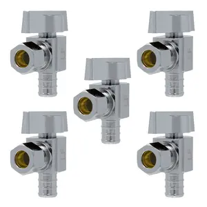 1/4 Turn PEX Angle Stops, 1/2" Crimp PEX B x 3/8" OD Compression Heavy Pattern Bar Stock Heavy Duty Chrome Plated Brass Quarter Turn Shut Off Valve [5 Pack]