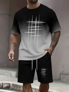 Men's Summer Minimalist Casual Set, Gradient Line Design, Suitable for Daily Commute, Shopping, Dates, Weekend Outing, Light Sports