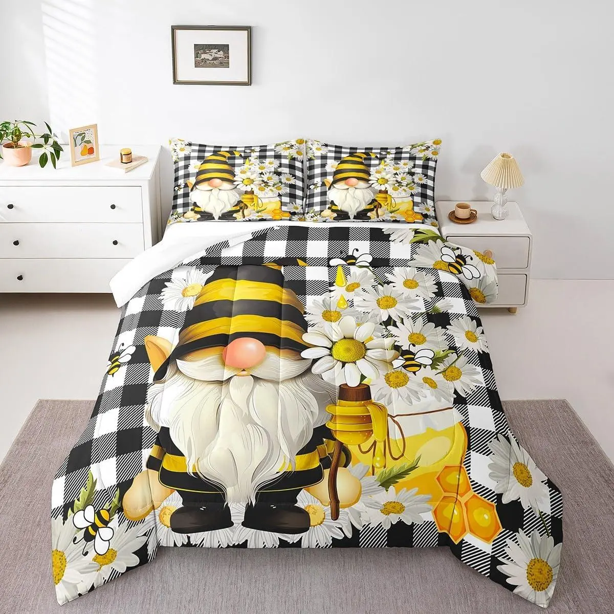 Daisy Gnomes Comforter Set,Black White Grid Bedding Set for Kids Girls Boys Teens Home Decor Bee Flowers Spring Style Quilt Set,Plants Nature Duvet Insert