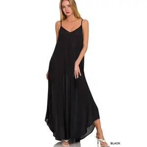 Zenana Woven Crinkle Cami Maxi Dress with Side Pockets