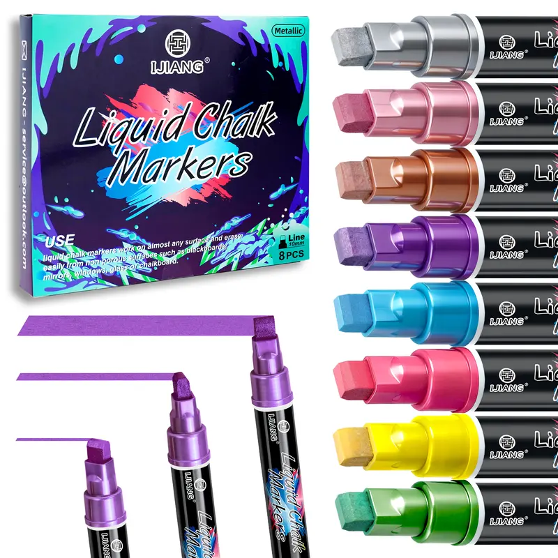 Liquid Chalk Markers 8 Metallic Colors Set for Window & Car Surfaces / Jumbo Thick Tips 10mm 3-in-1 - Chalk Markers for Blackboard, Signs and Chalkboard, Glass, Mirrors, Erasable & Washable
