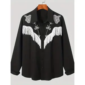 Men's Bohemian Floral Fringe Shirt - Long Sleeve Button with White Fringe Detail, Black Background, Detailed Embroidery, Party Fashion Top Collar