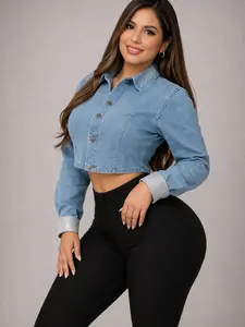 Cropped Denim Rhinestones Jacket for Women - Casual Style - Womenswear