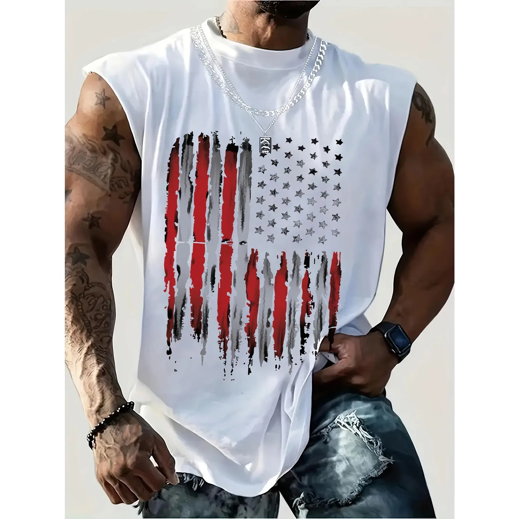 Men's Patriotic American Flag Print Tank Top, Sleeveless 100% Cotton Pullover Vest, Breathable Activewear for Gym and Summer Sports, T-Shirt, Menswear
