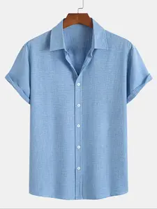 Men's Solid Button Front Short Sleeve Shirt, Loose Casual Comfy Top for Summer, Men's Clothes for Daily Wear