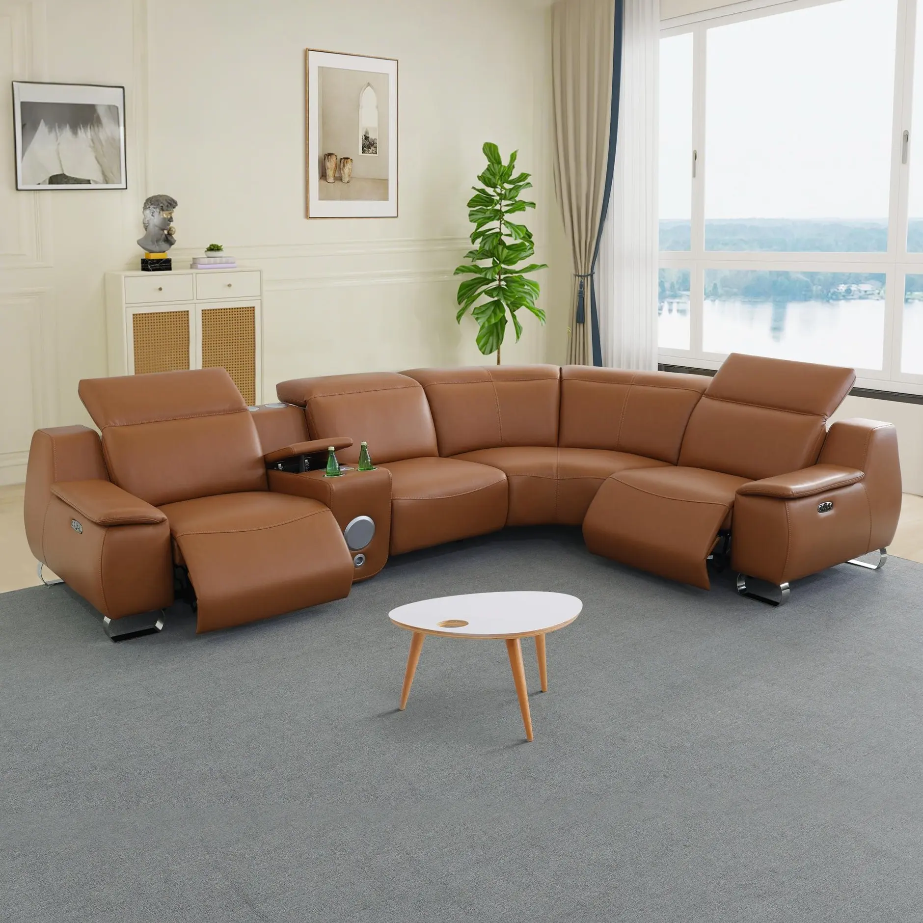 5-Piece Modern Orange Yellow Sturdy Intelligent Recliner Sofa Set - Technical Fabric Indoor Lounge Couch with Self-Adjusting Recline, Wireless Charging, Bluetooth Speaker, Cup Holders, Storage Compartment, Assembly Required, Durable Long-Lasting Design, F