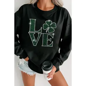 LOVE Rhinestone Clover Round Neck Sweatshirt