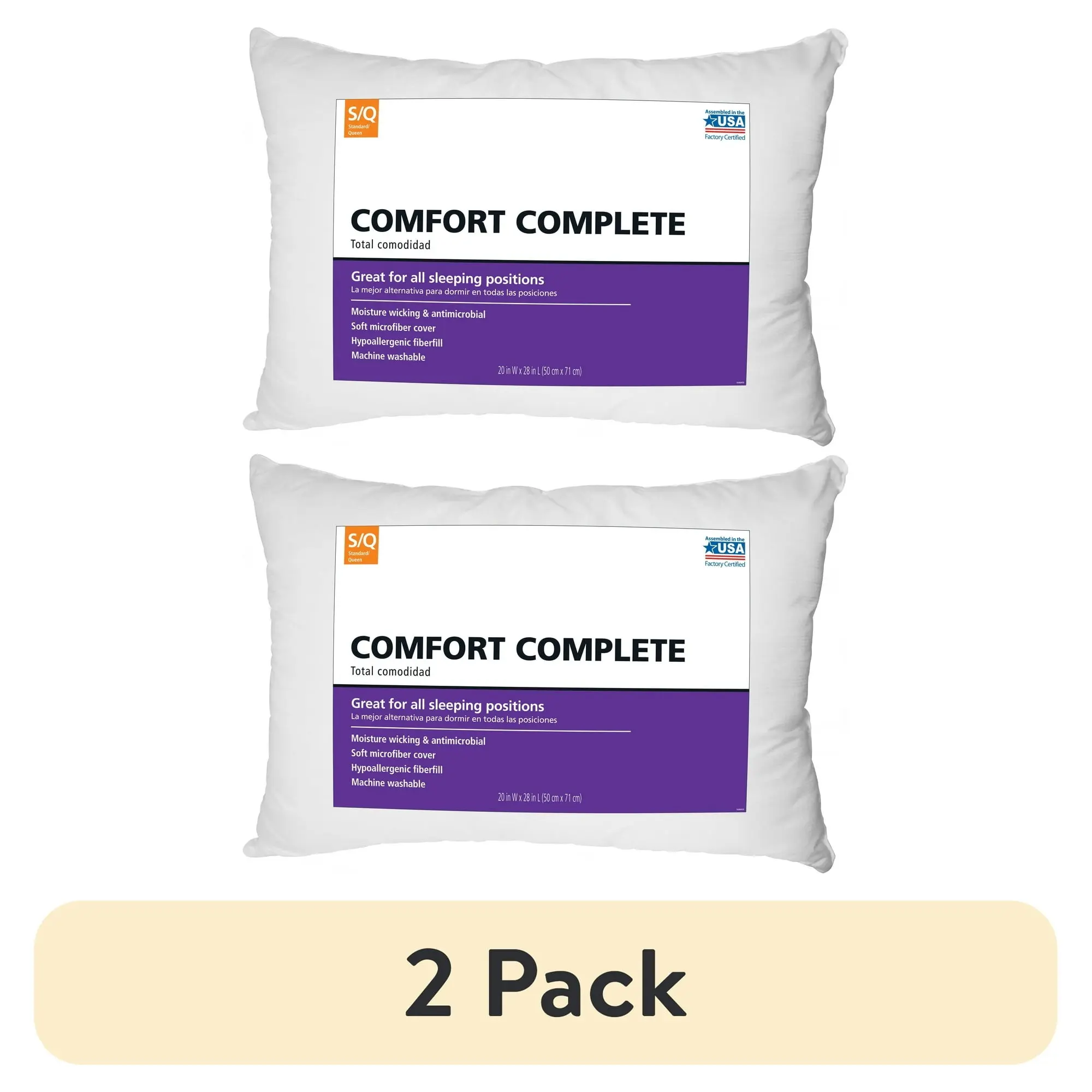 Comfort Complete Pillow Standard/Queen 2 Pack Soft Memory Foam Alternative for All Sleepers Hypoallergenic & Antibacterial