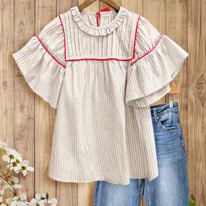 SageVell Beige/Blue Striped Pleated Blouse with Ruffle Sleeves & Red Contrast Trim Top, Round Neck Short Cotton-blend Shirts for Women