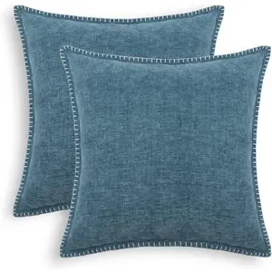 CaliTime Decorative Couch Throw Pillow Covers 18 X 18 Inches Pack of 2 Cotton Thread Stitching Edges Solid Dyed Soft Chenille Cushion Cases for Sofa Bed Living Room Farmhouse Smoke Blue