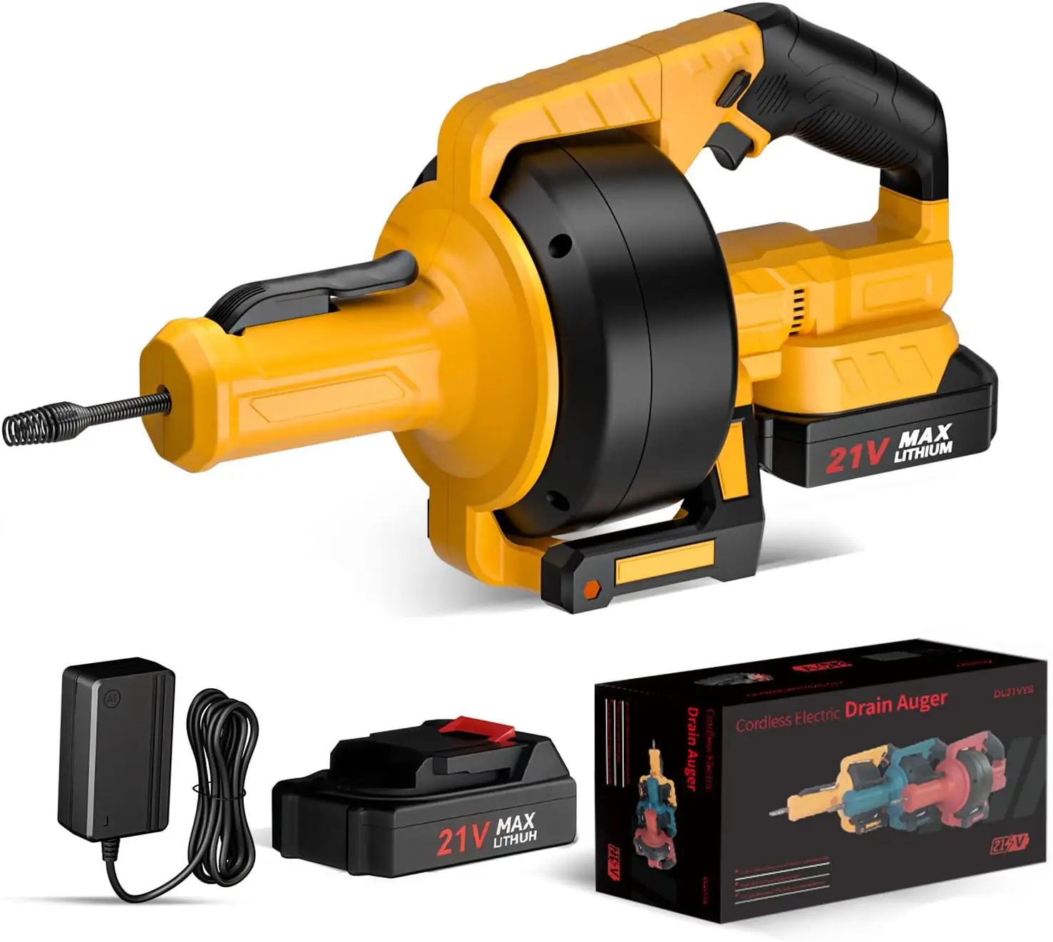 Electric Drain Auger,21V Cordless Drain Snake,25Ft Auto-Feed Snake Drain Hair Removal Tool with 2.0Ah Battery,Sink Snake Drain Cleaner for Sewer,Toilet,Kitchen,Shower 3/4"-2.95" Pipes(Bag&Gloves&Rag）