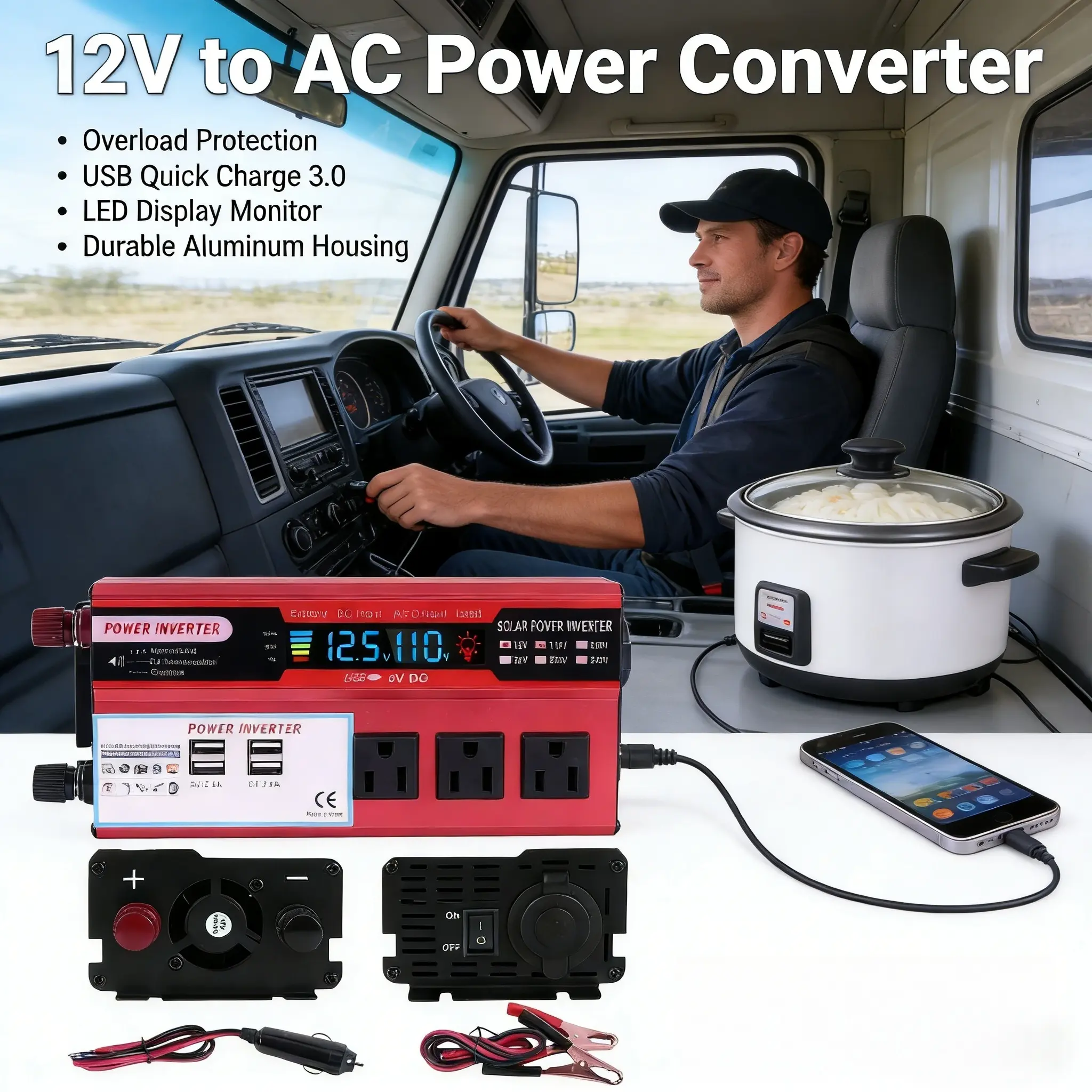 5000W Pure Sine Wave Power Inverter - Heavy Duty DC 12V to AC 110V Converter with 10000W Peak Surge, LCD Display, 4 USB Ports, 3 AC Outlets, Fast Charging for Outdoor RV, Off-Grid Solar & Emergency Use, Dc To Ac