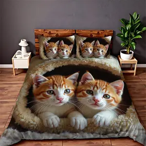 Cute Cat Pattern Quilt Cover Set, Including 1 Duvet Cover & Pillowcase without Filler, Soft Comfortable Bedding Set for Home Bedroom