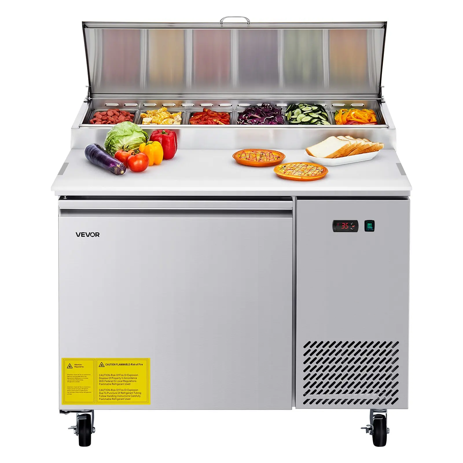 【DealsForYouDays】VEVOR Commercial Refrigerator, 44 W Pizza Prep Refrigerated Table, 20 Ultra Wide Countertop Food Prep Worktable, 11 Cu. Ft Single Door Salad Prep Fridge, 6 Pans Pizza Make Worktop with Cutting Board