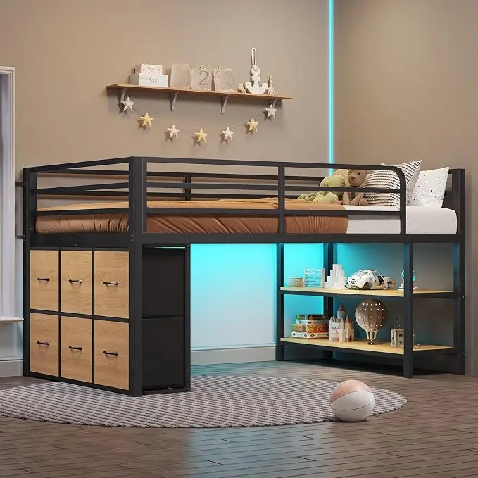 SIKAIC Twin Size Low Loft Black Metal Modern Platform Bed Frame - Engineered Wood Bed Frame Wood, 6-Drawer Storage, Desk Study Spot, Shelves, Led Night Glow, Assembly Required for Bedroom Apartment Furniture