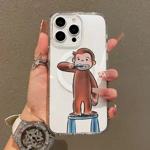 Trendy Magnetic Case for iPhone11/12/13/14/15/16/promax, Curious George Brushing Ultra Slim, MagSafe Support, Shockproof | Playful & Fun Style