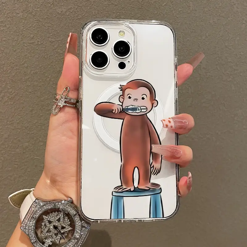 Trendy Magnetic Case for iPhone11/12/13/14/15/16/promax, Curious George Brushing Ultra Slim, MagSafe Support, Shockproof |   Playful & Fun Style