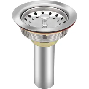 Kitchen Sink Drain Kit for Standard 3-1/2 inch Drain - Fit 1-1/2 inch Pipe - Stainless Steel Basket with Knob - Rubber Stopper Bottom - 3.5" Kitchen Sink drain Strainer Replacement Kit