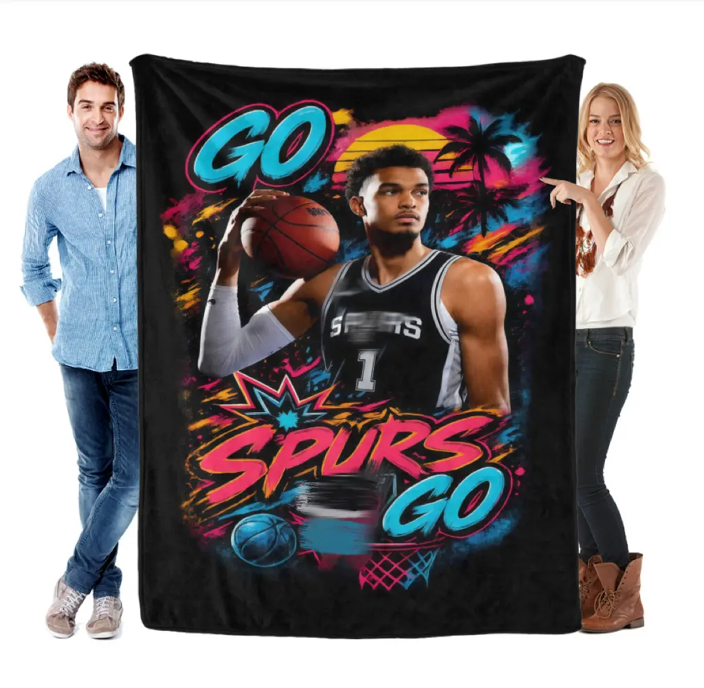 Victor Wembanyama Go Spurs Go Sports Logo Neon Blanket - Retro Basketball Fan Plush Flannel Throw Blanket, Game Day Gift, Sports Logo Blankets