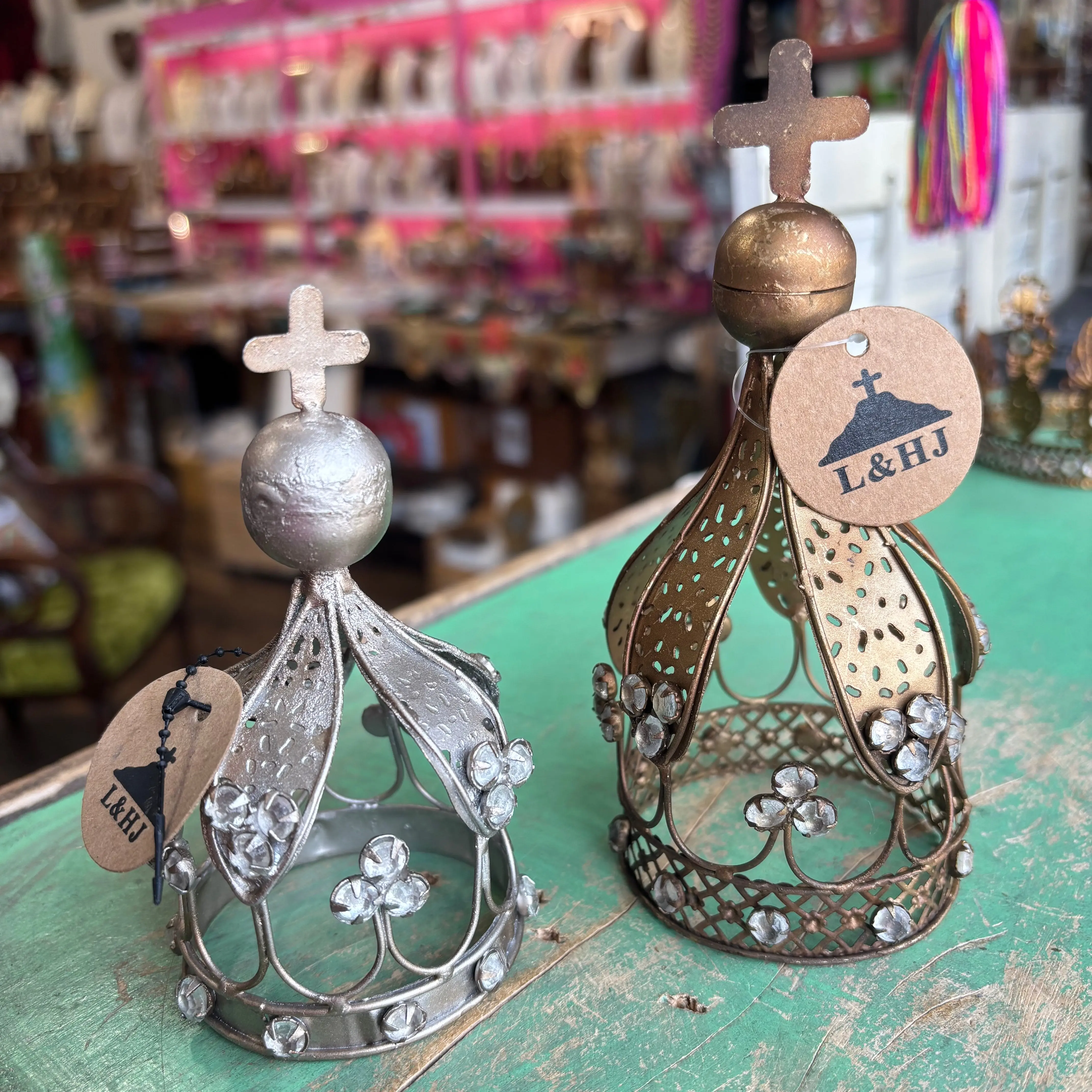 L&HJ Fancy Crown Cross - Silver & Gold Tin Crowns with Rhinestone Accents - 5" & 6" Tall - Perfect for Decor