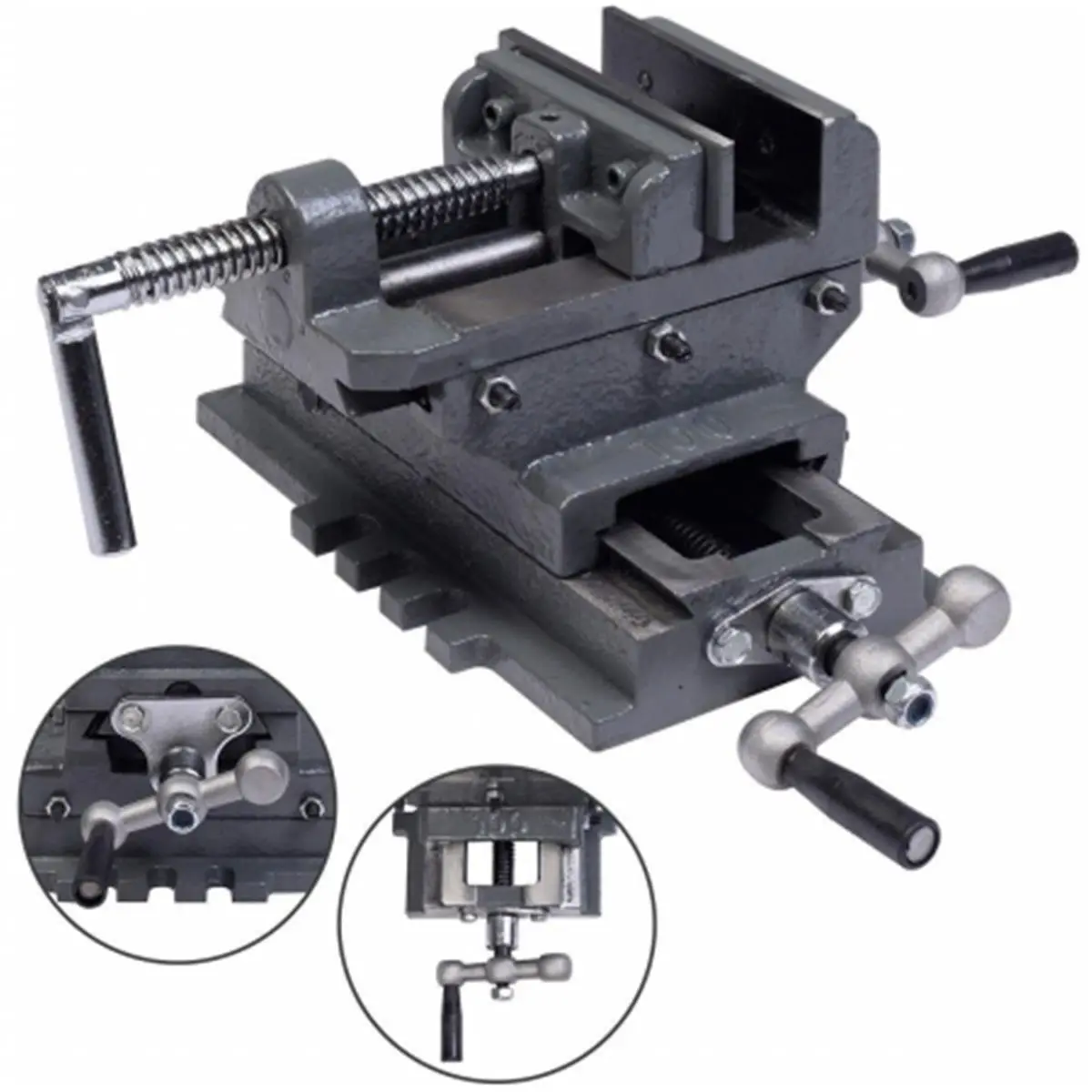 212 MAIN 4 in. Durable Heavy-Duty X-Y Cross Drill Press Vise, Steel Construction, Maximum Jaw Opening, Dual-Action Clamping, Adjustable Shims, Removable Handles, Dark Gray Metal Milling Machine Slide Clamp
