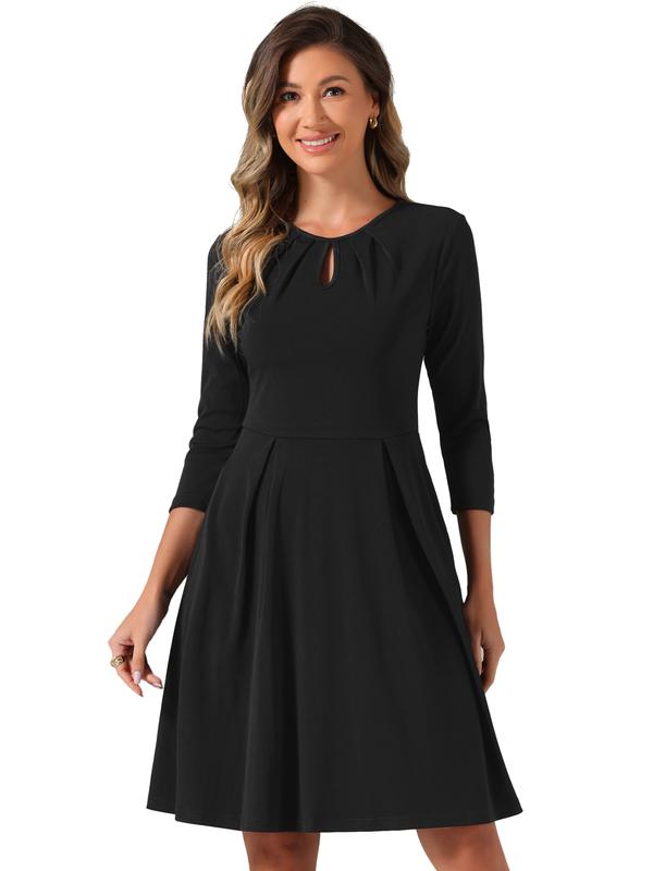 INSPIRE CHIC Women's Crew Neck 3/4 Sleeve Pleated Neck A-Line Above Knee Elegant Dresses Black