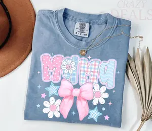 Comfort Colors Floral Mama T-shirt, Mom Spring Tee, Trendy Mom T-shirt, Women's Flower Mama T-Shirt, Pregnancy Tee, Blue Pink Bow Shirt