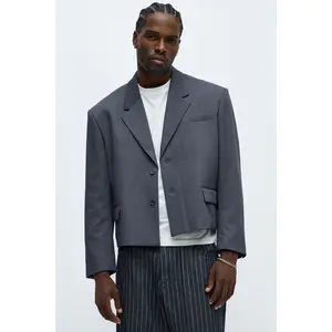 Gabardine Boxy Cropped Single Breasted Blazer - Charcoal