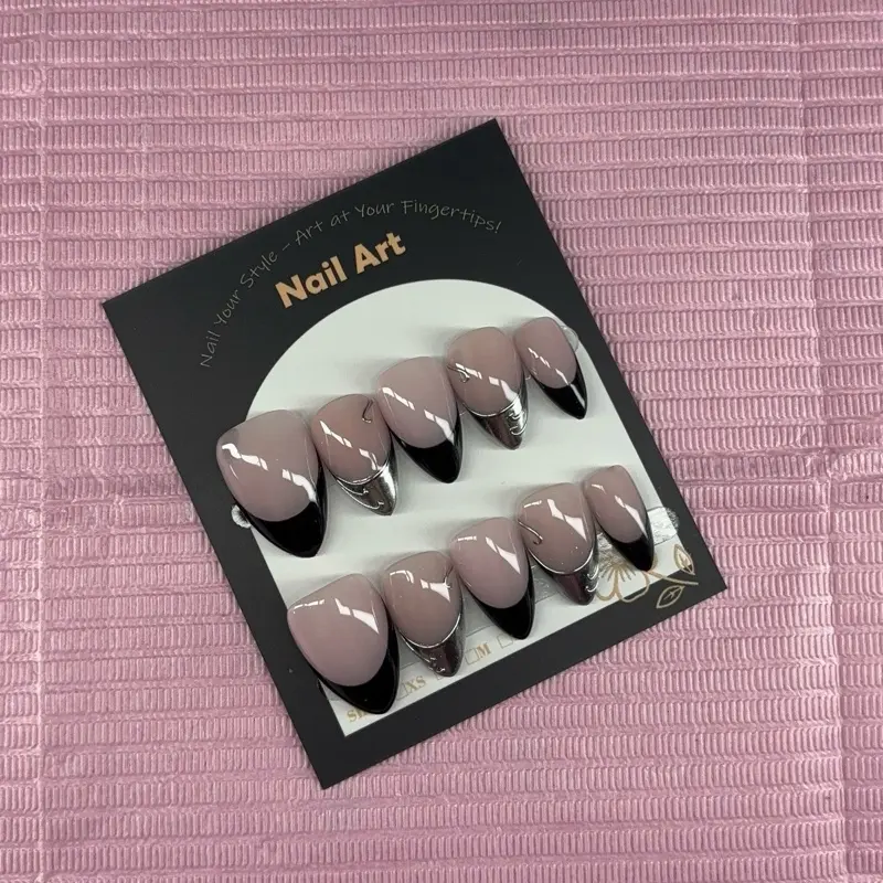 Extra short stiletto Press on nails black french tips silver chrome nude
