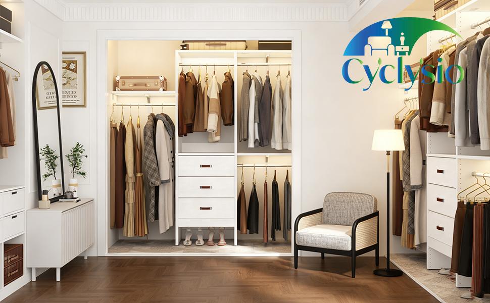 Cyclysio 60'' W Closet System with Drawers ＆ Hanging Rods, 5FT Sturdy Walk-In Closet Organizer System Wardrobe Garment Rack with 3 Adjustable Shelves