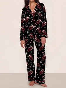 Women's Highland Cow Christmas Pajamas Set, Winter Thermal Long Sleeve Loungewear, Elastic Waist Pants, Black Soft & Cute Outdoor Christmas Costume, with Christmas Animal Hat, Tree, Snowflake, Candy Prints, Christmas Gift