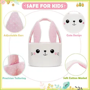 Plush Easter Bunny Basket for Kids, Large Bunny Easter Basket for Boys Girls, Empty Easter Egg Hunting Bucket with Handles, Cute Easter Decoration Bags, Easter Toys Gift for Kids