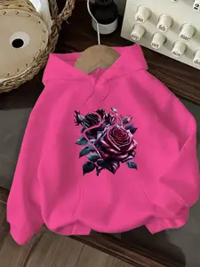 Women's Casual Fashion Hoodie Rose Pattern Print Kangaroo Pocket Drawstring, Fall & Winter Clothing, Daily Wear, Fashion Lovers