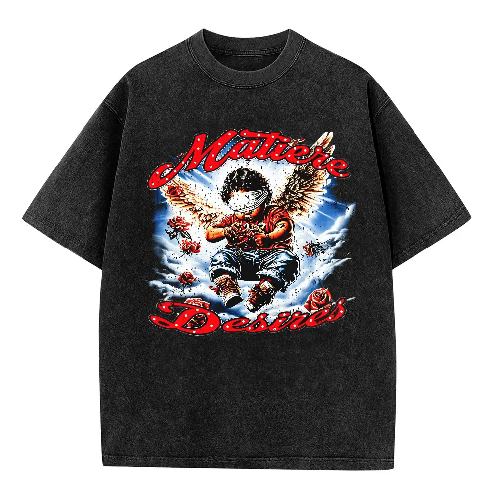 Washed T-Shirt, Oversized Vintage Tee, Angel Wings Roses Graphic Print, 100% Cotton, Summer Casual Daily Wear, Fashionable Street Retro Style