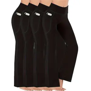 4-Pack Women'S High Waist Elastic Yoga Pants with Pockets, Mature Style Solid Color Polyester Knit Fabric, Stretchy Slimming Running Dance Training Flared Trousers for Adults - All Seasons