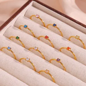 Fashion Simple Light Luxury Birthstone Ring Stainless Steel Birthday Stone Ring Dainty Thin Ring